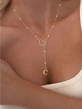 Initial C Heart Y Necklace | Pearl Beaded Lariat Minimalist Jewelry